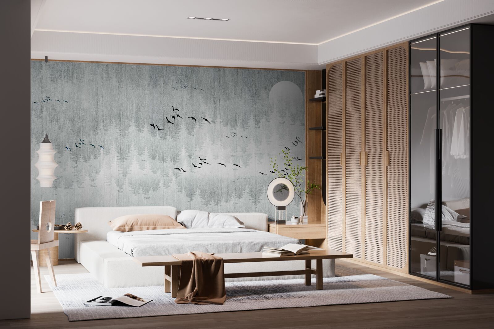 Fototapeta ptaki latają nad lasem pokrytym mgłą