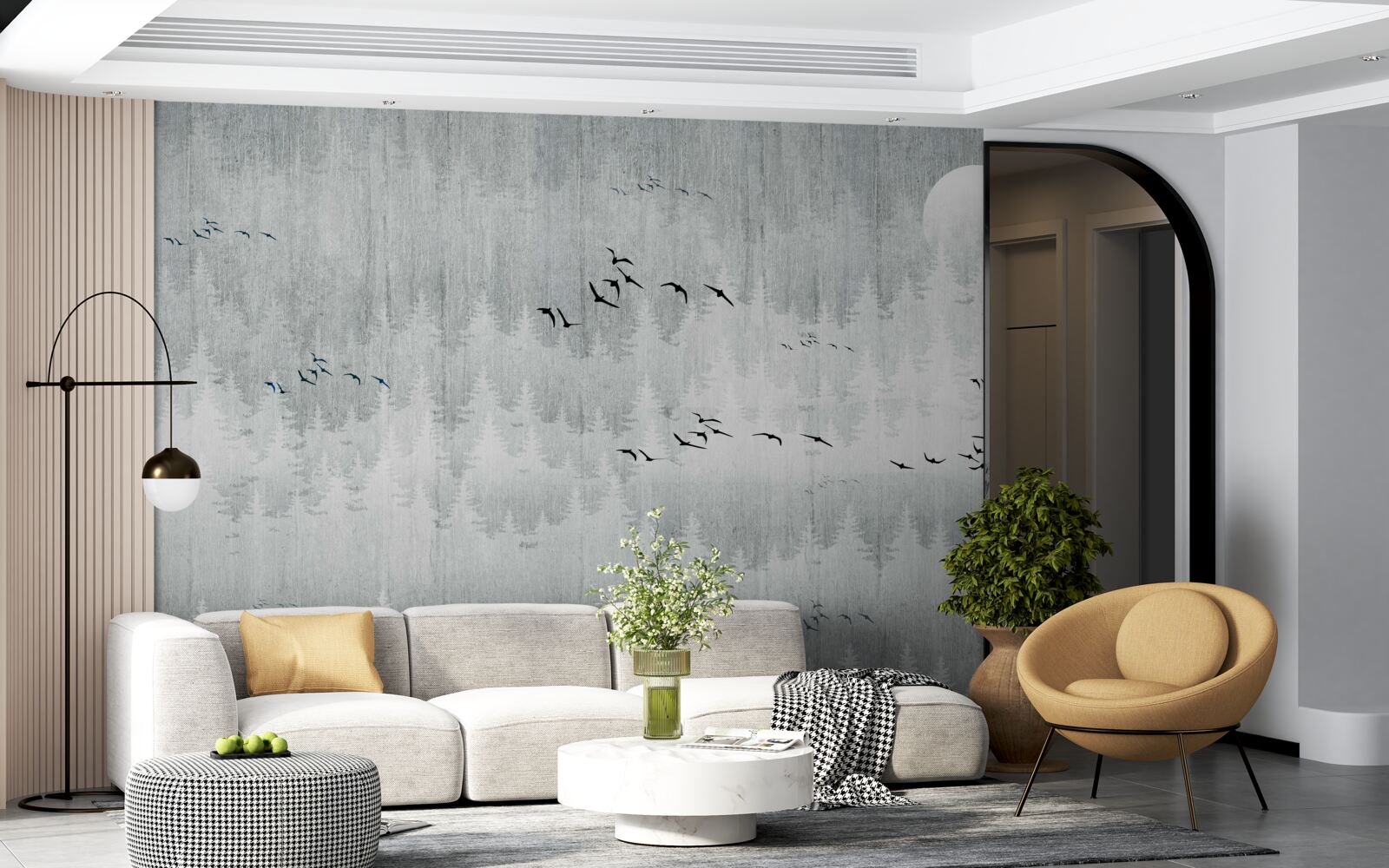 Fototapeta ptaki latają nad lasem pokrytym mgłą