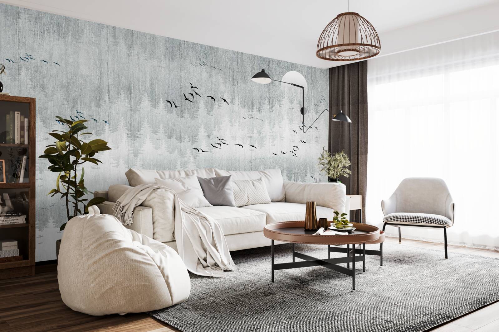 Fototapeta ptaki latają nad lasem pokrytym mgłą