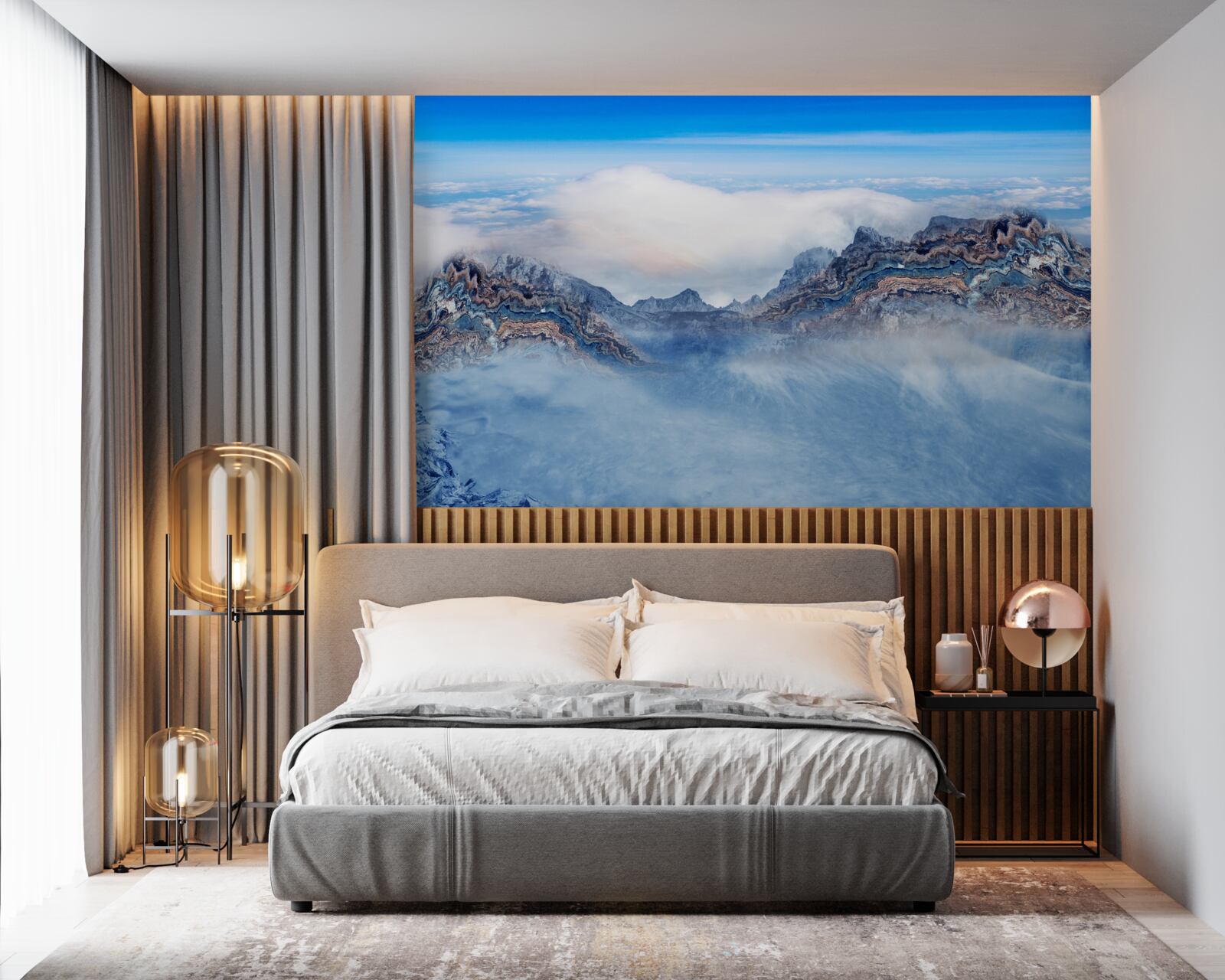 Fototapeta skaliste szczyty spowija gęsta mgła