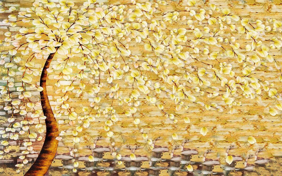 Fototapeta drzewo usiane białymi i żółtymi kwiatami