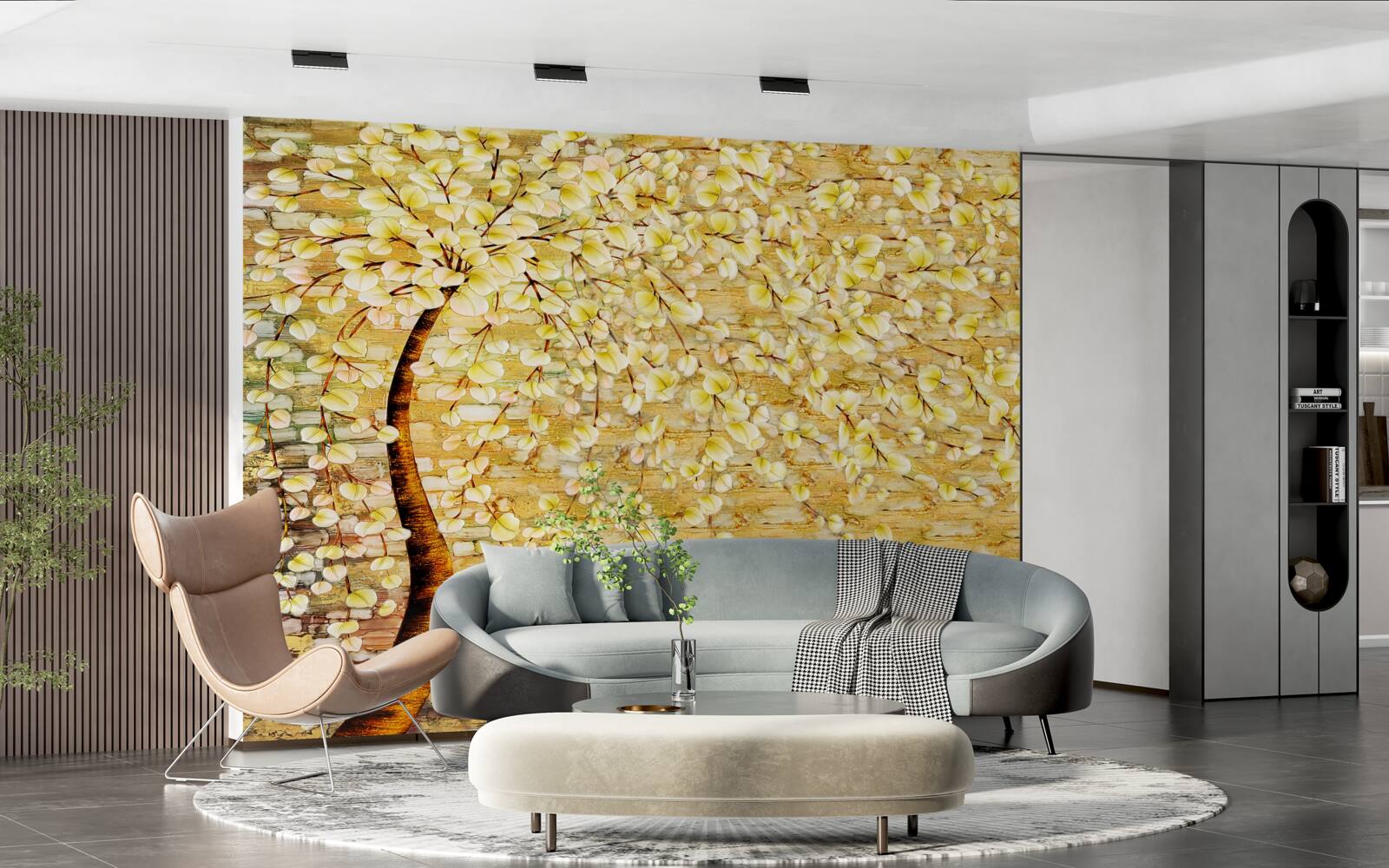 Fototapeta drzewo usiane białymi i żółtymi kwiatami