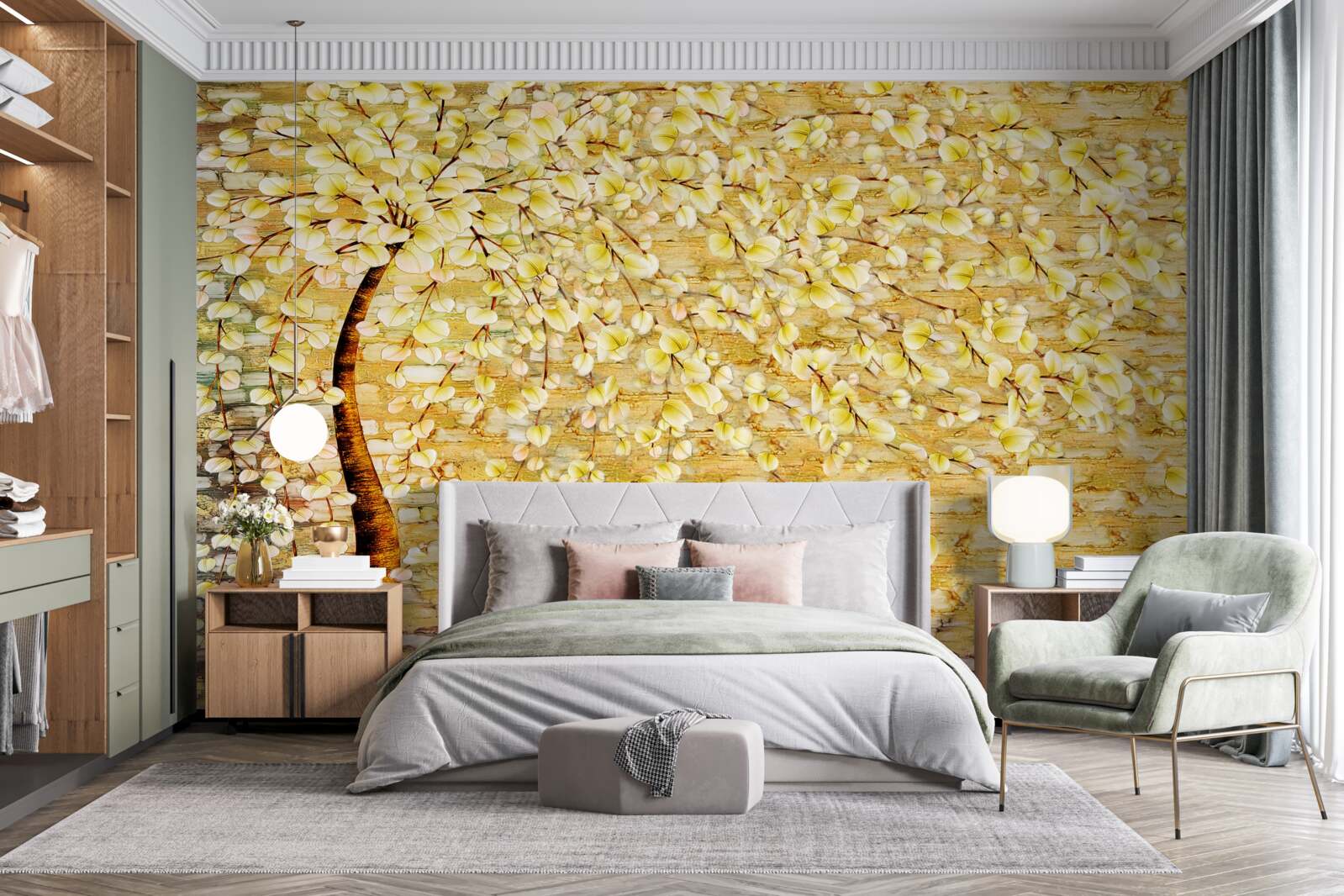 Fototapeta drzewo usiane białymi i żółtymi kwiatami