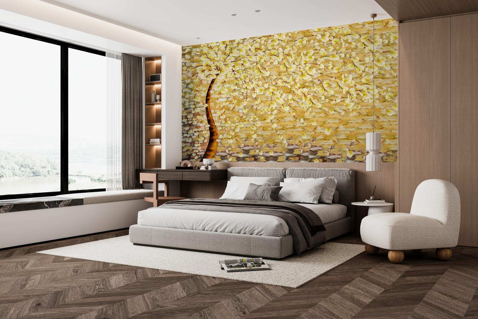 Fototapeta drzewo usiane białymi i żółtymi kwiatami