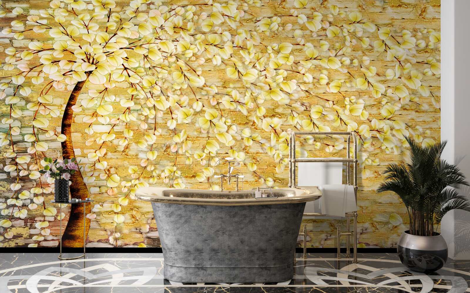 Fototapeta drzewo usiane białymi i żółtymi kwiatami