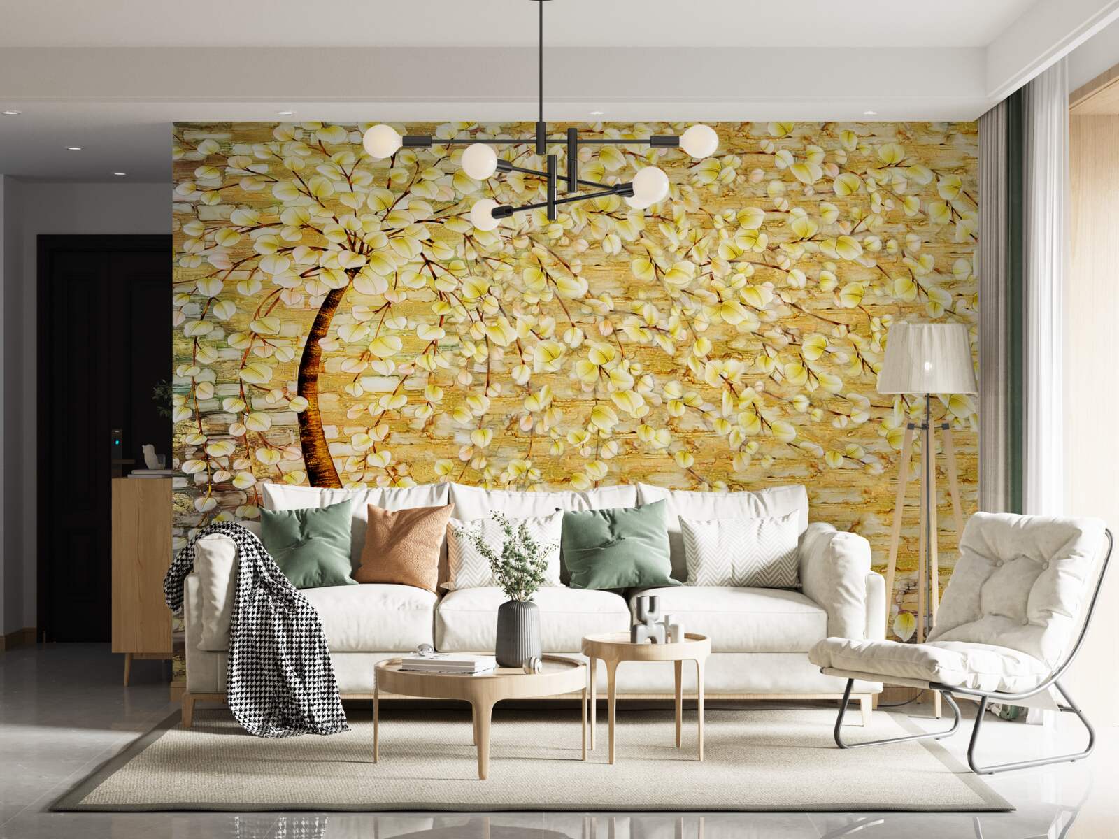 Fototapeta drzewo usiane białymi i żółtymi kwiatami