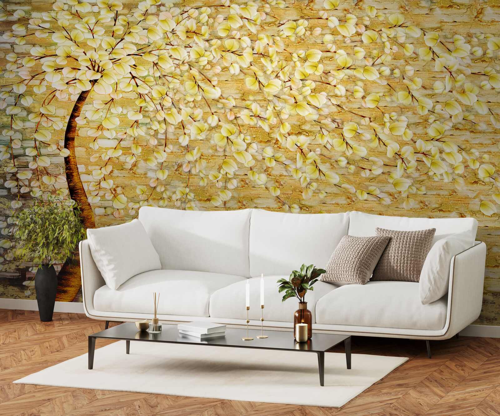 Fototapeta drzewo usiane białymi i żółtymi kwiatami