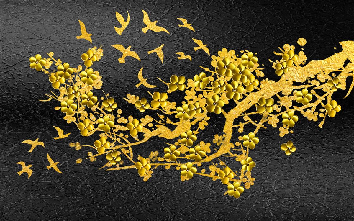 Fototapeta małe żółte kwiaty i ptaki