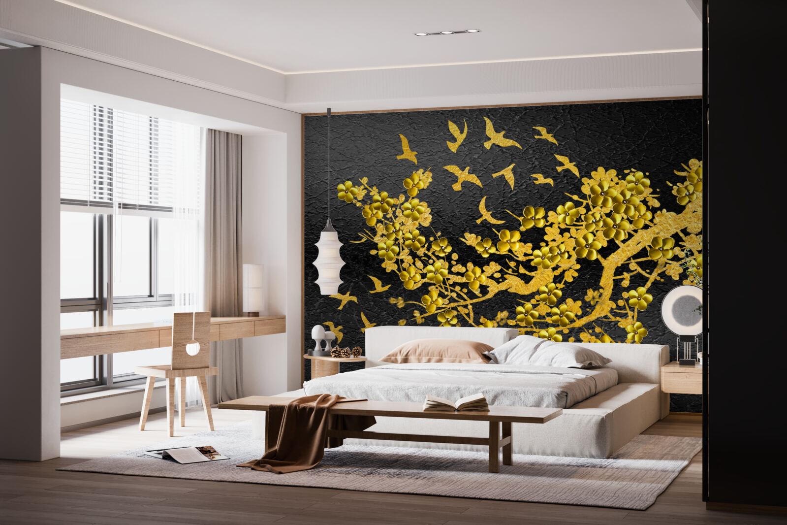 Fototapeta małe żółte kwiaty i ptaki