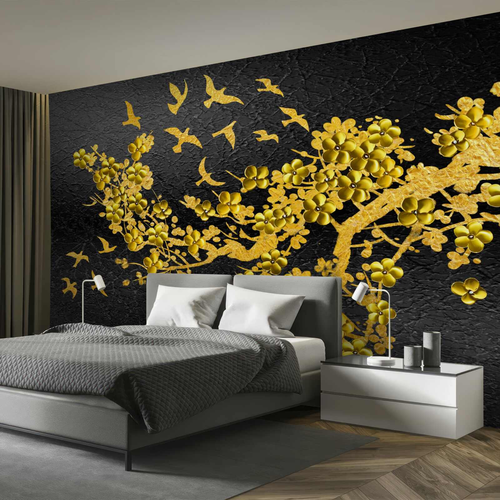 Fototapeta małe żółte kwiaty i ptaki