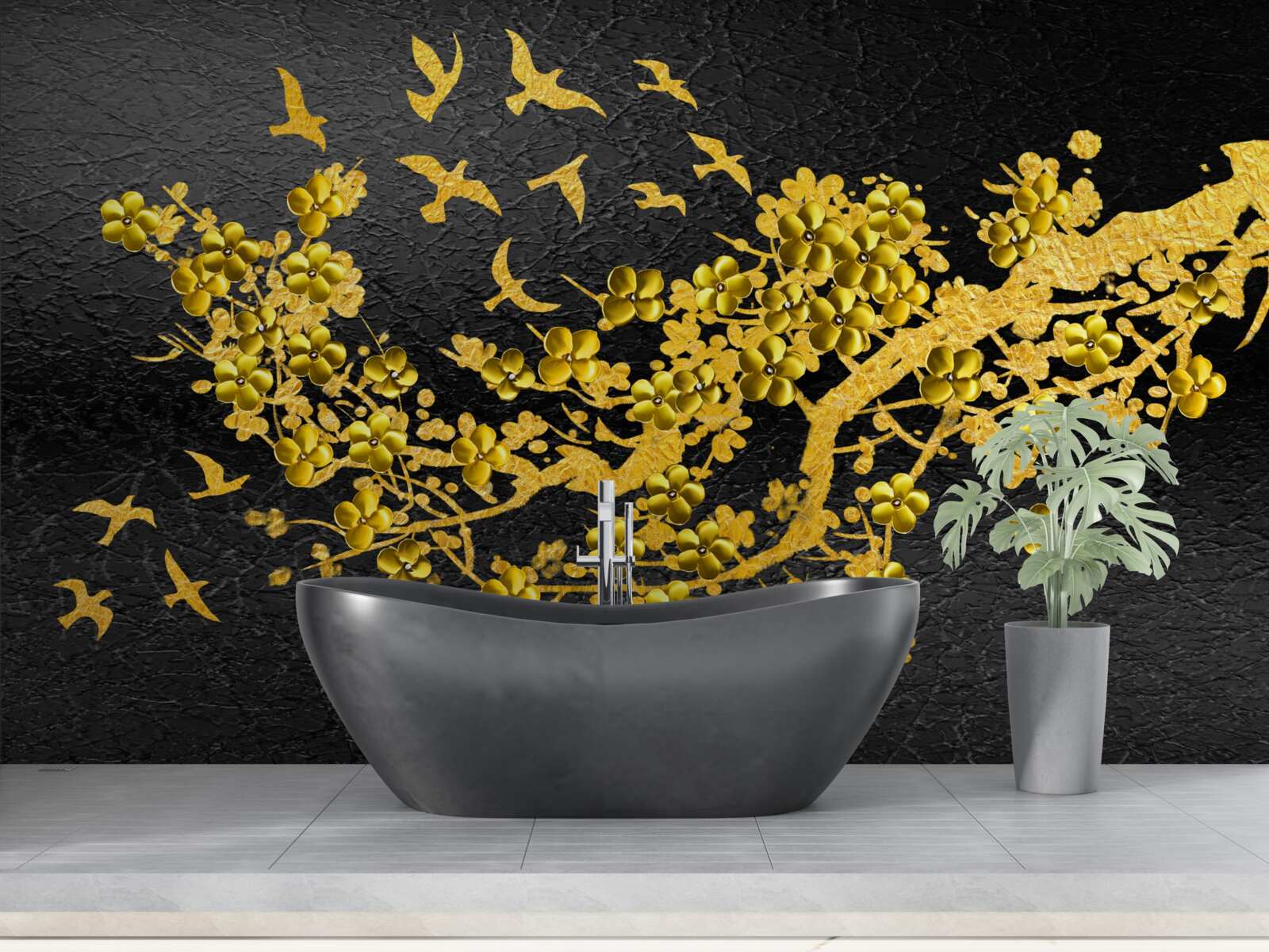 Fototapeta małe żółte kwiaty i ptaki