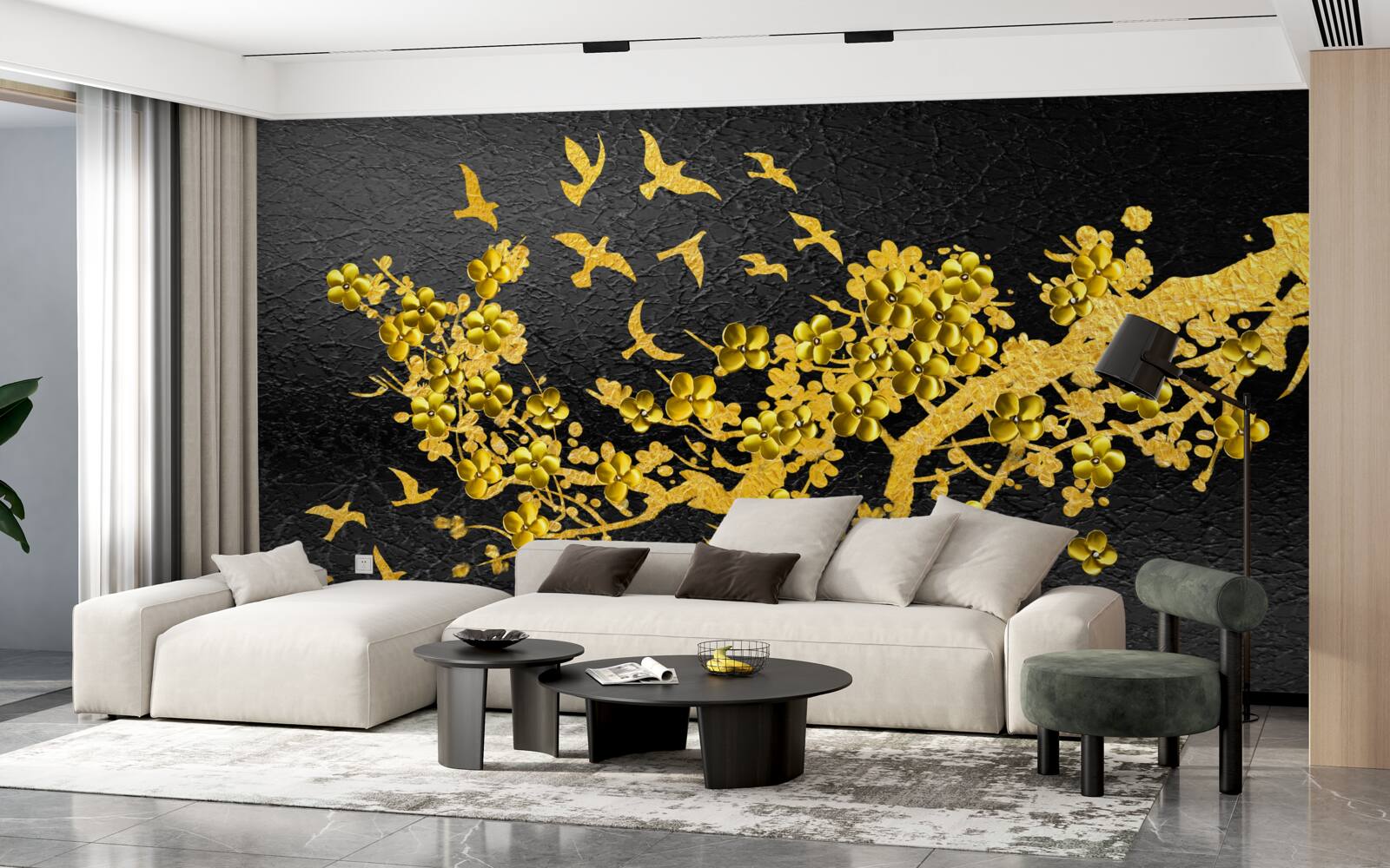 Fototapeta małe żółte kwiaty i ptaki