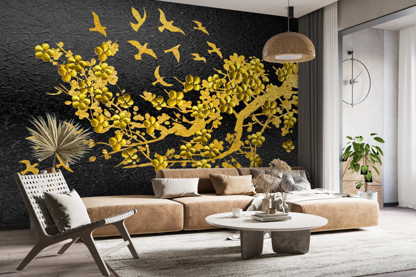 Fototapeta małe żółte kwiaty i ptaki