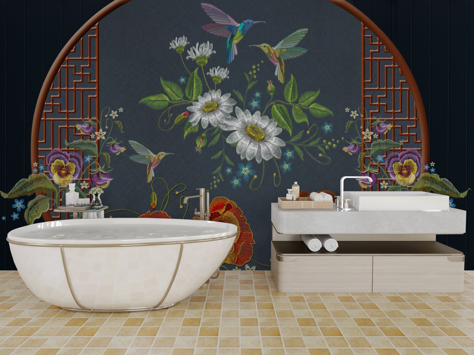 Fototapeta panel z kwiatami i kolibrów