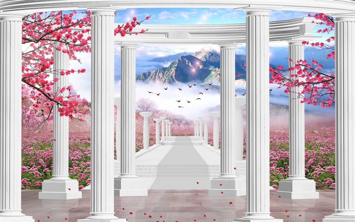 Fototapeta biała altana na tle zachodzącego słońca, ozdobiona kwiatami wiśni