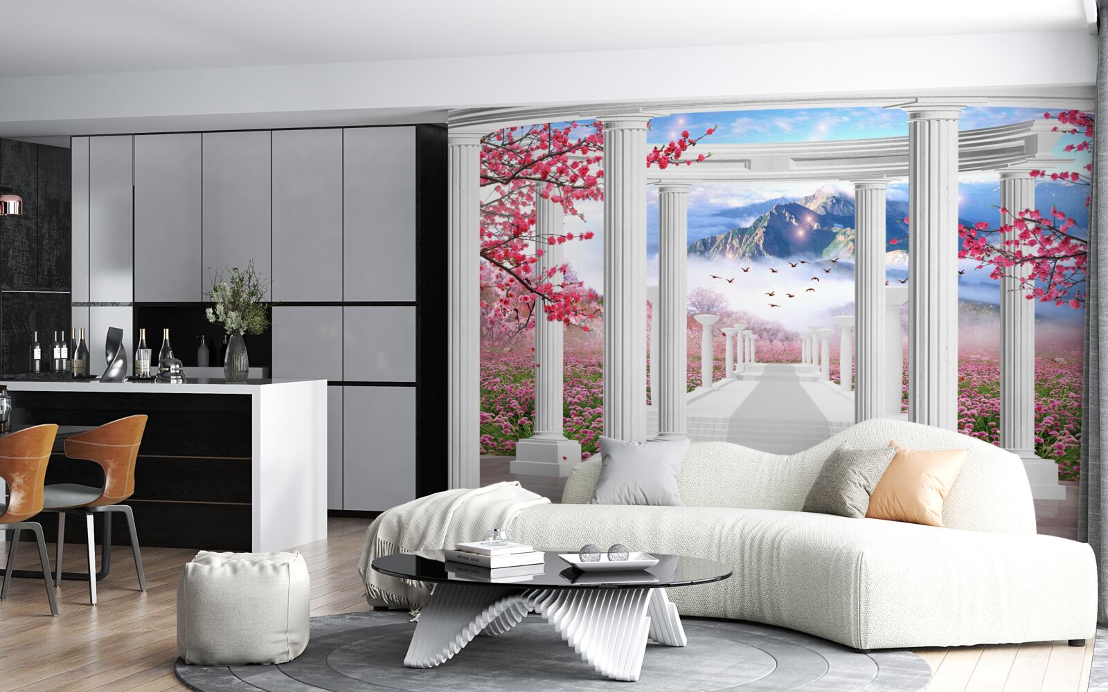 Fototapeta biała altana na tle zachodzącego słońca, ozdobiona kwiatami wiśni