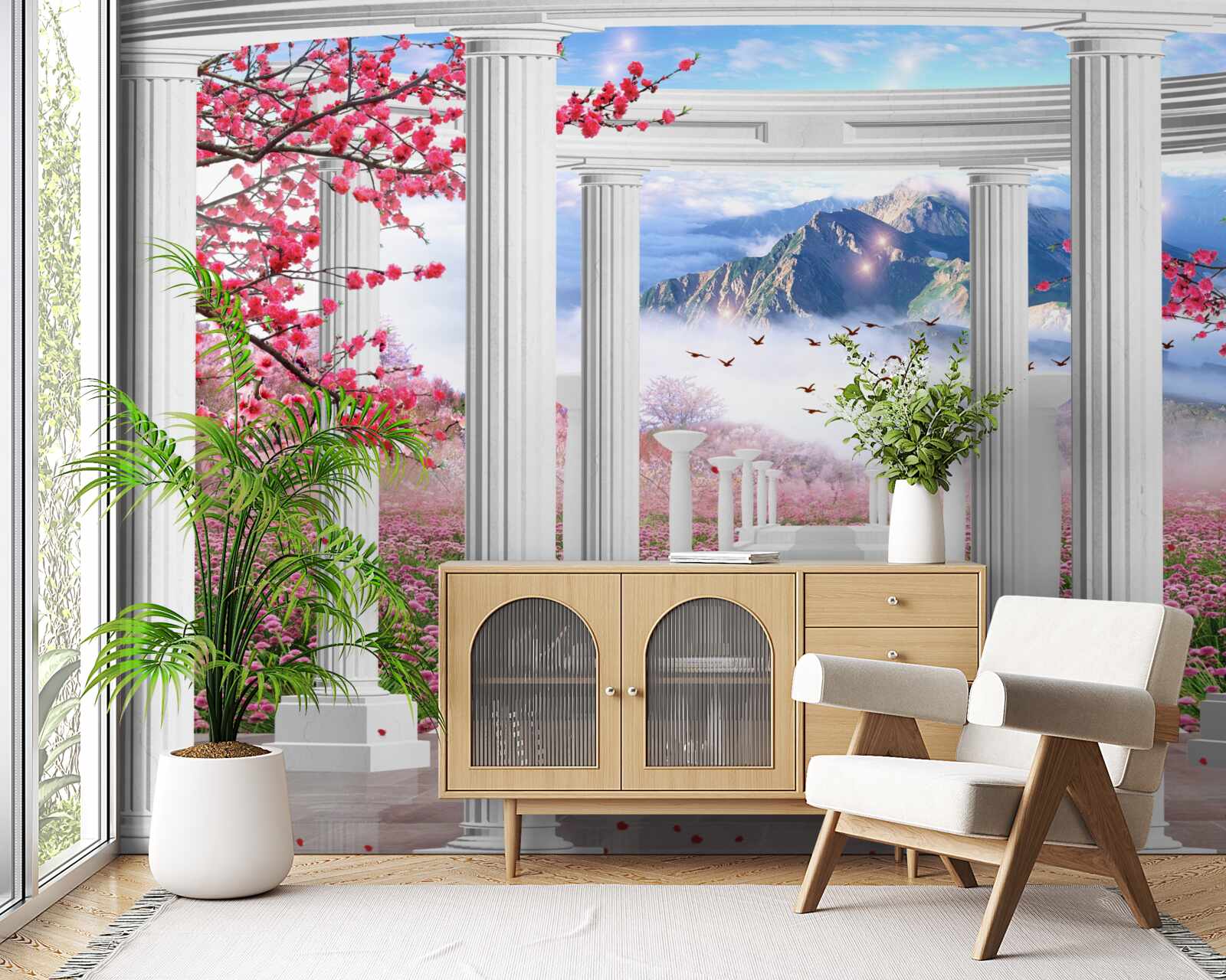 Fototapeta biała altana na tle zachodzącego słońca, ozdobiona kwiatami wiśni