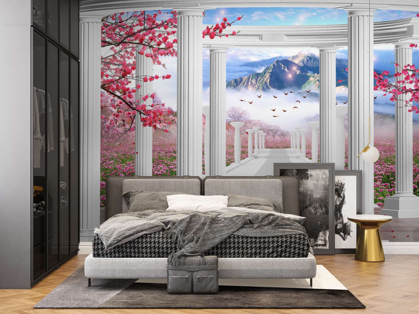 Fototapeta biała altana na tle zachodzącego słońca, ozdobiona kwiatami wiśni