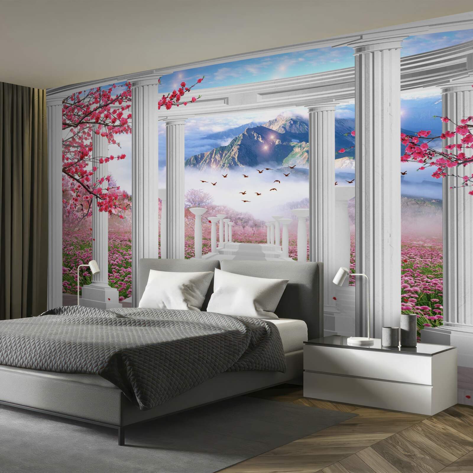 Fototapeta biała altana na tle zachodzącego słońca, ozdobiona kwiatami wiśni