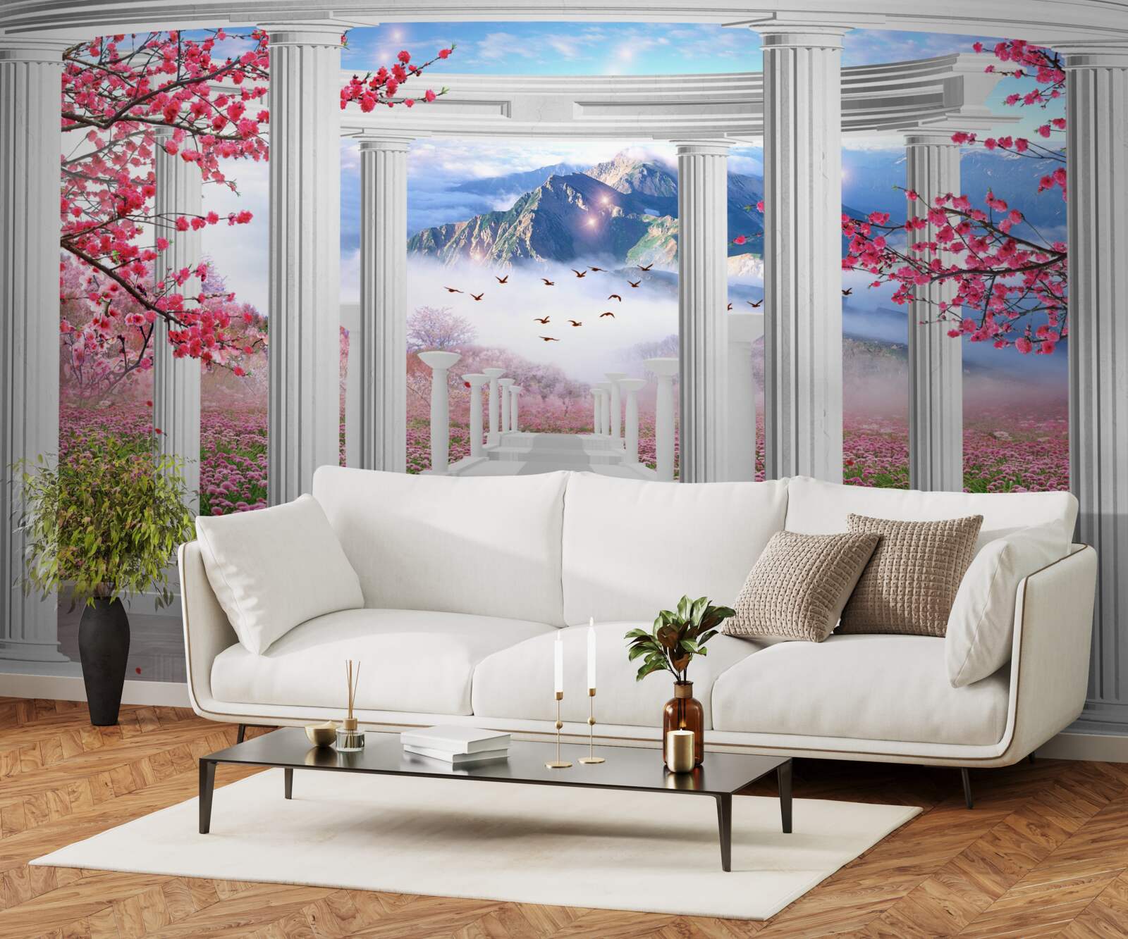 Fototapeta biała altana na tle zachodzącego słońca, ozdobiona kwiatami wiśni