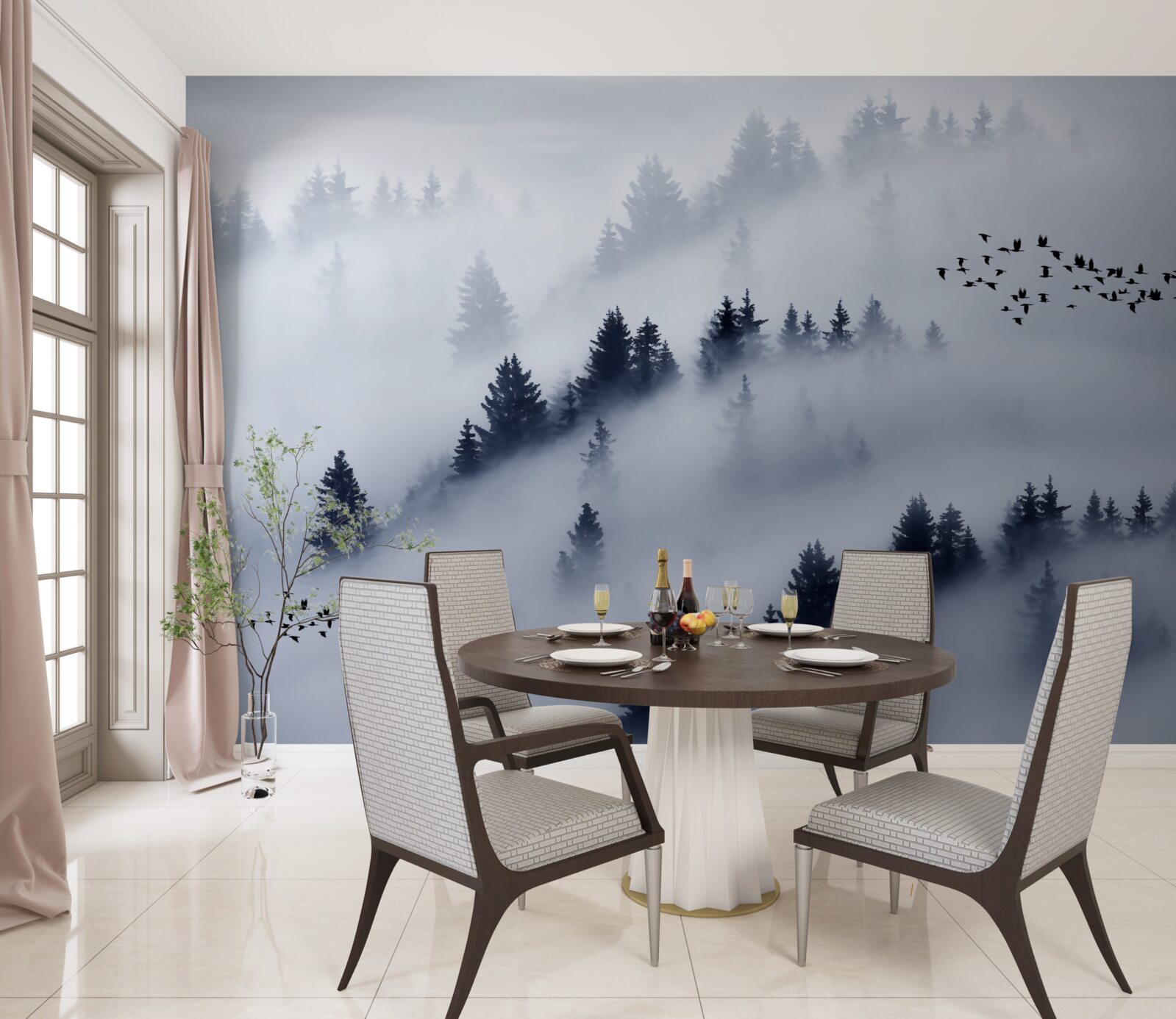 Fototapeta las iglasty spowija gęsta mgła