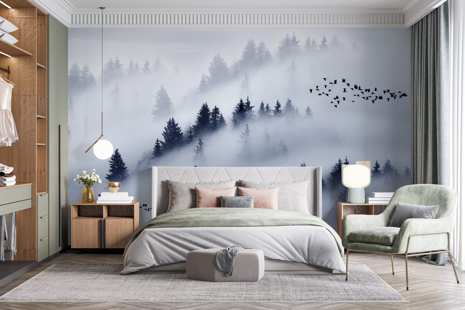 Fototapeta las iglasty spowija gęsta mgła