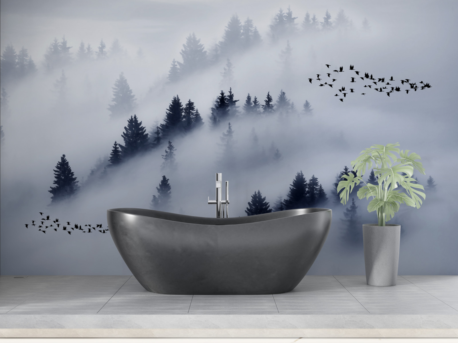 Fototapeta las iglasty spowija gęsta mgła