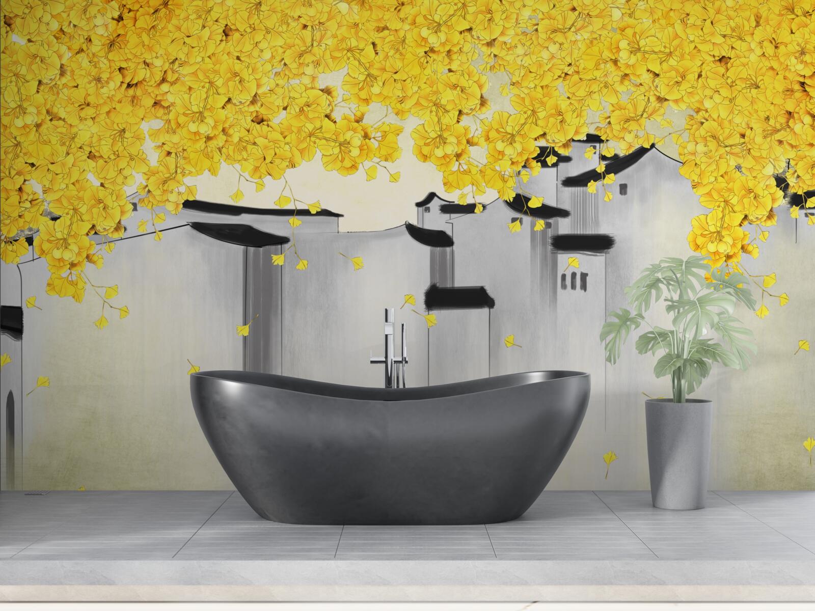 Fototapeta bujne rośliny wznoszą się ponad dachami budynków