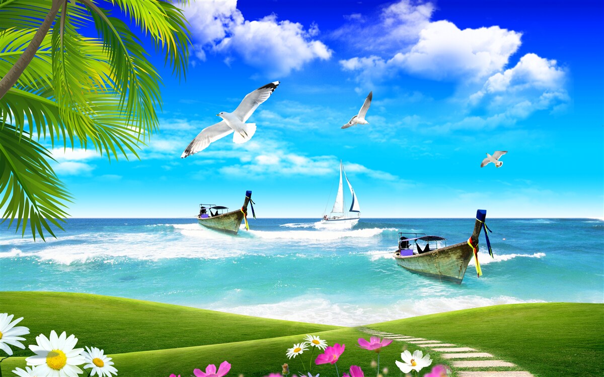 Fototapeta statki na zielonej linii brzegowej