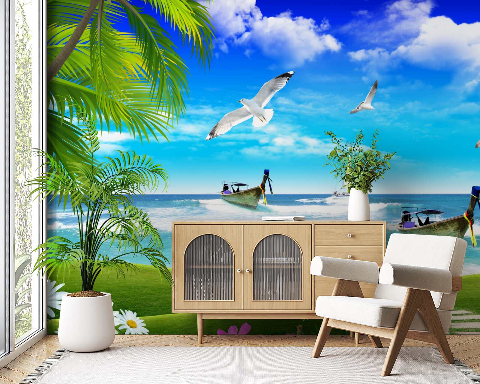 Fototapeta statki na zielonej linii brzegowej