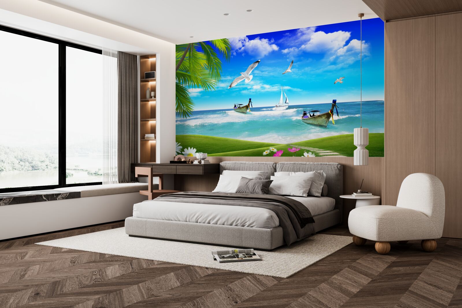 Fototapeta statki na zielonej linii brzegowej