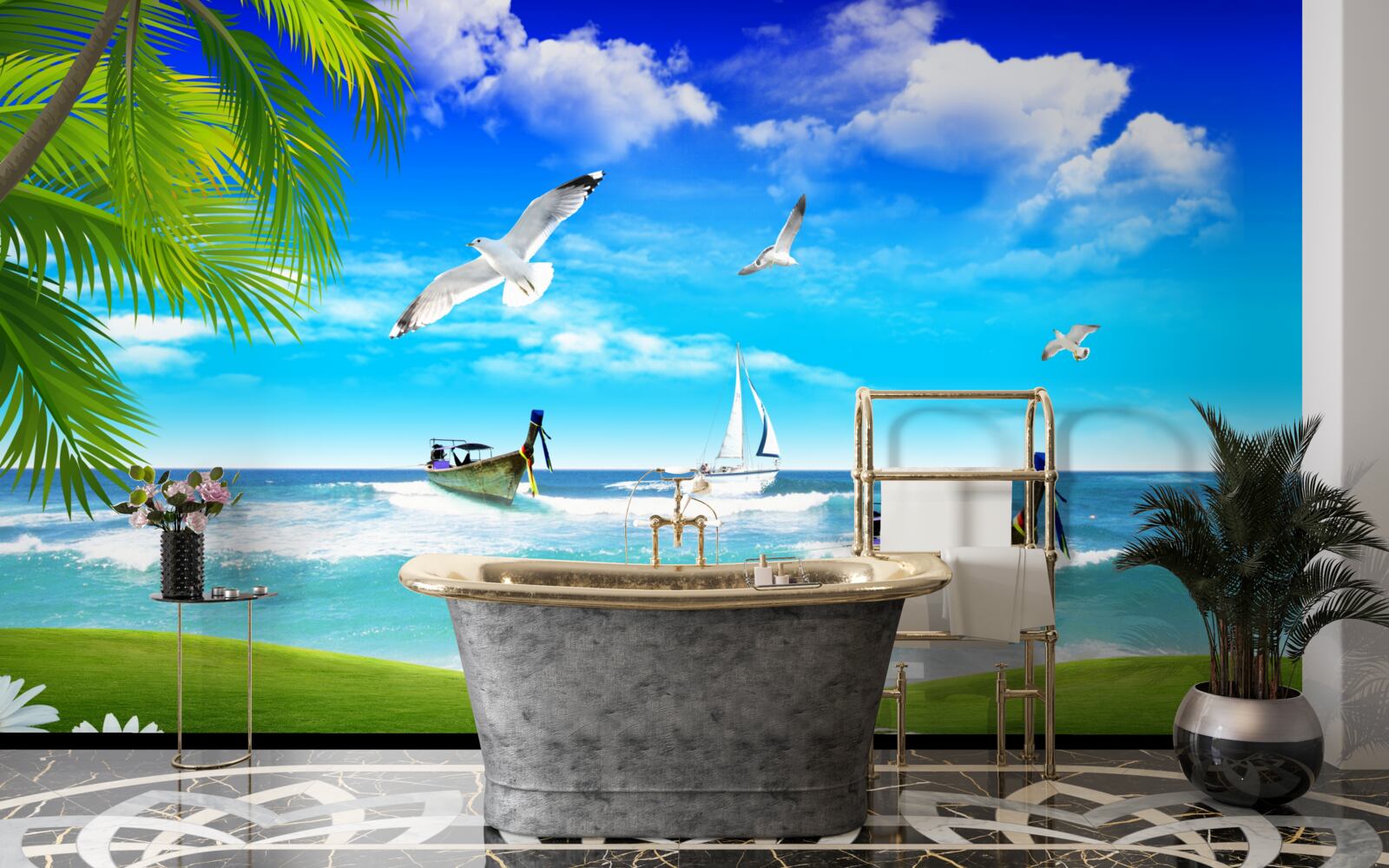 Fototapeta statki na zielonej linii brzegowej