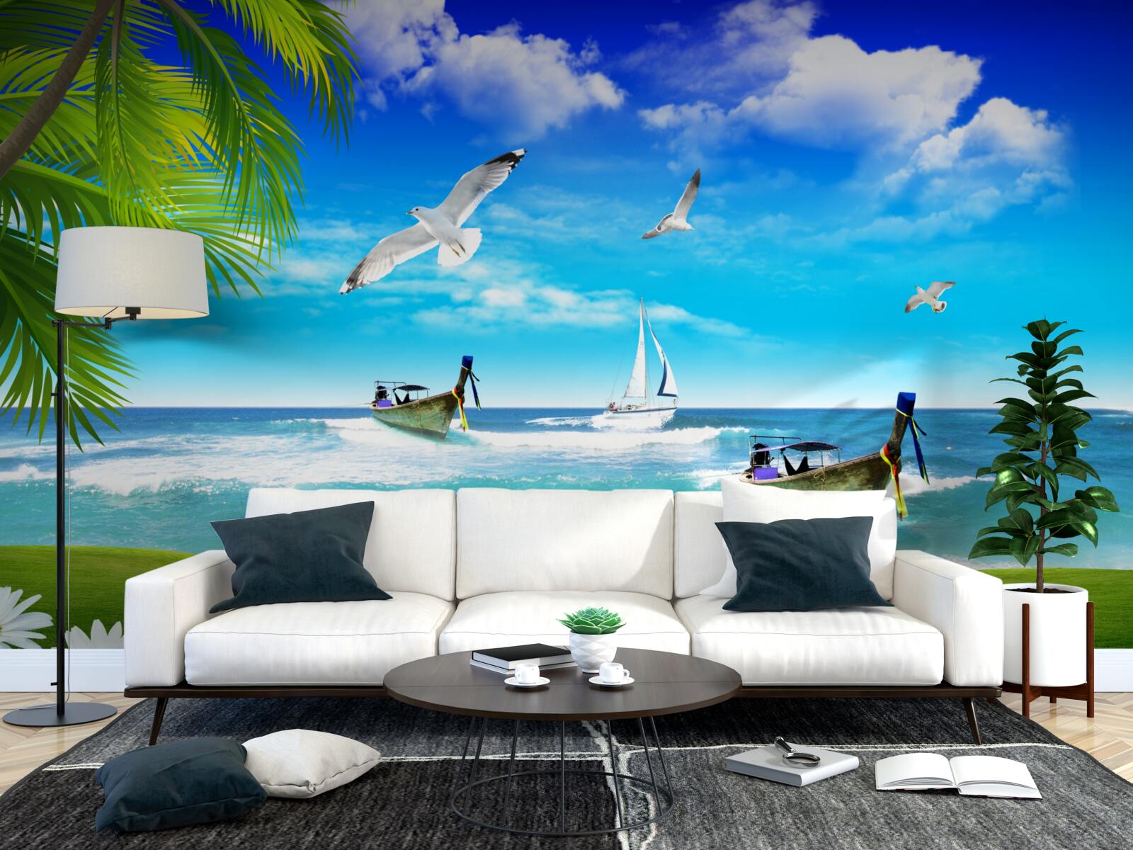 Fototapeta statki na zielonej linii brzegowej