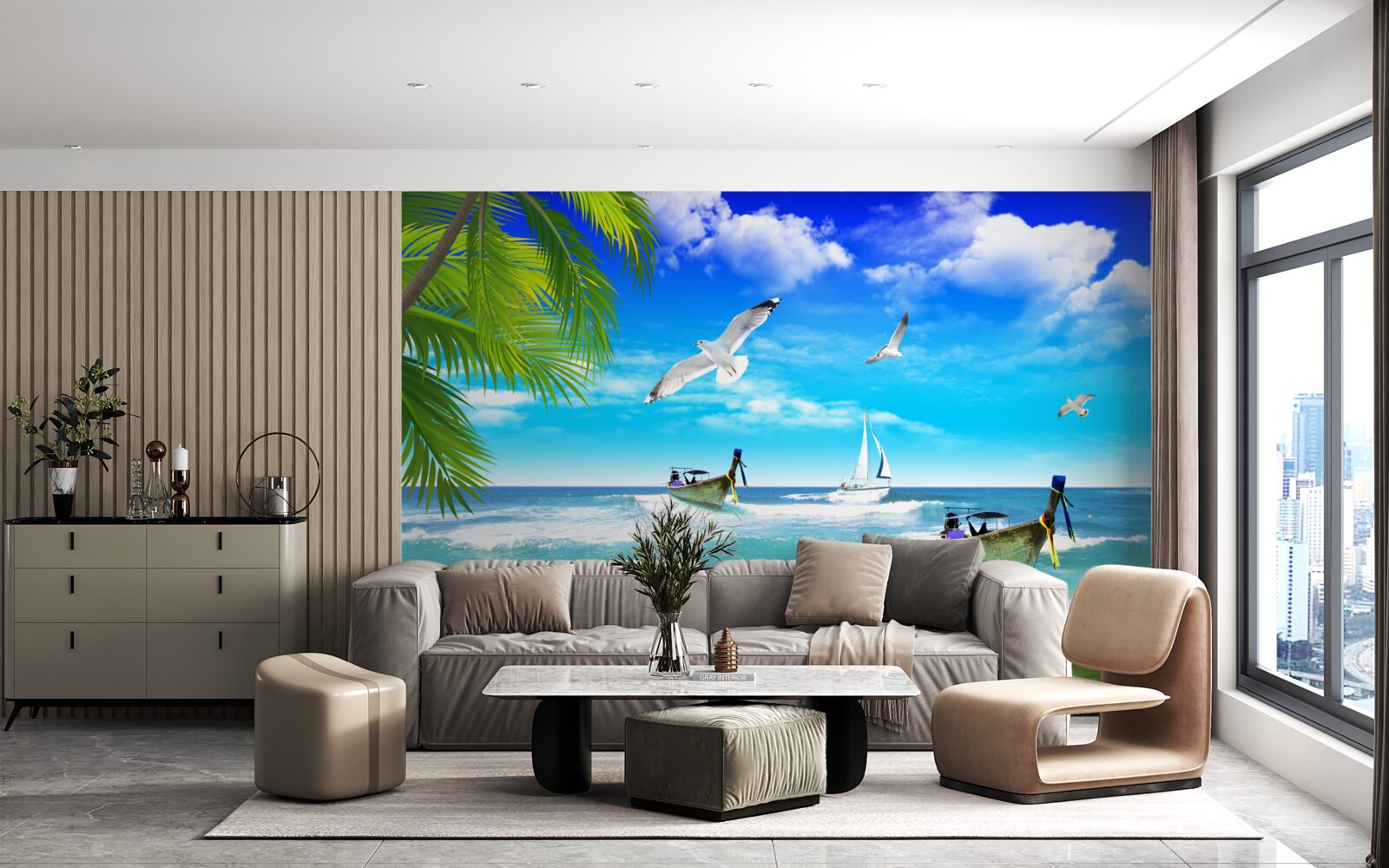 Fototapeta statki na zielonej linii brzegowej