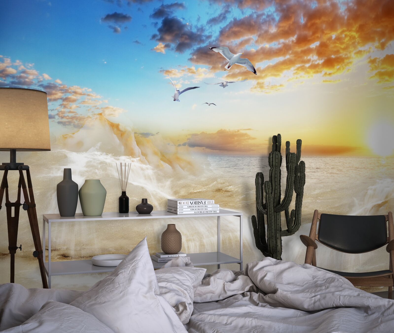 Fototapeta zachód słońca nad morzem z mewami