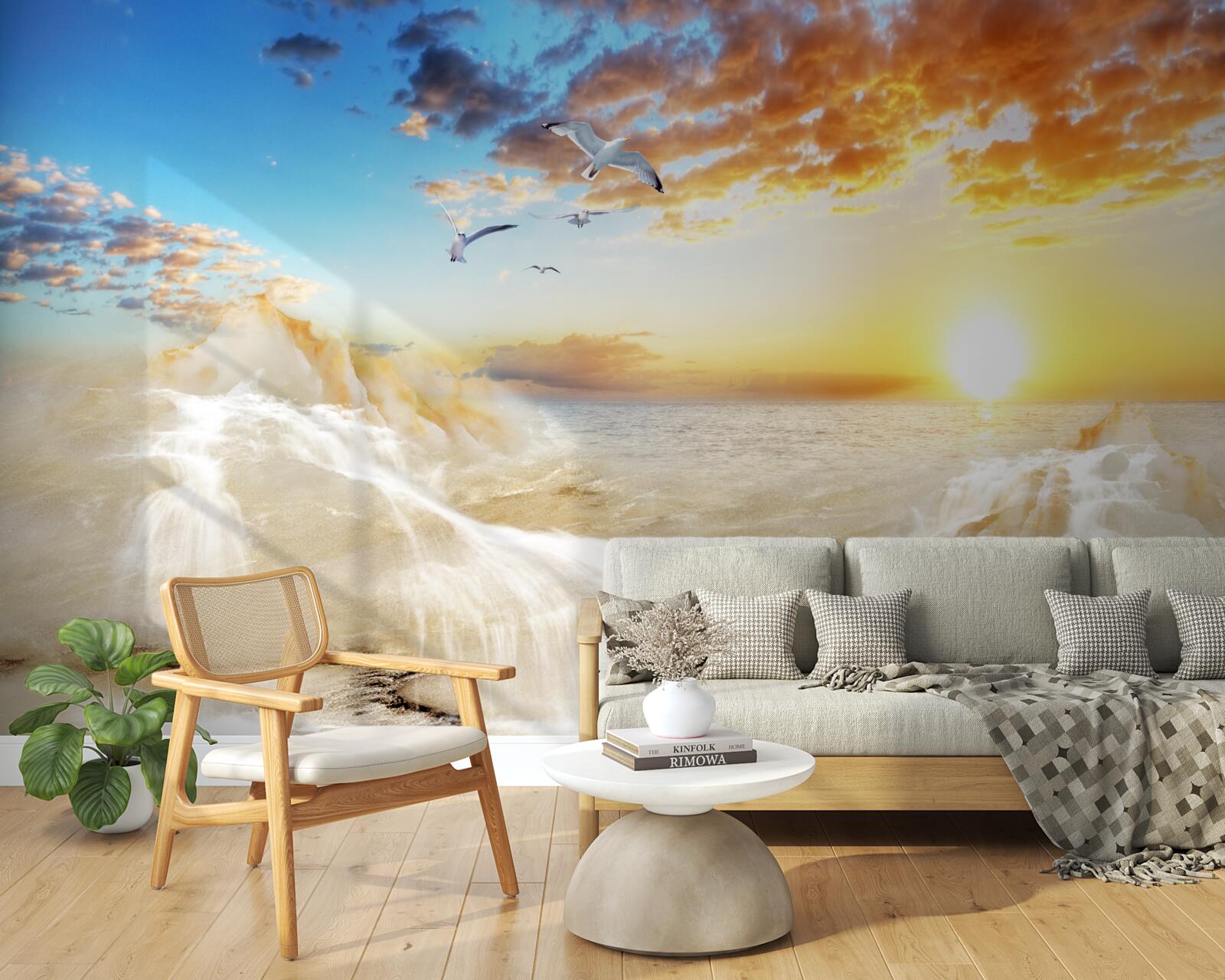 Fototapeta zachód słońca nad morzem z mewami