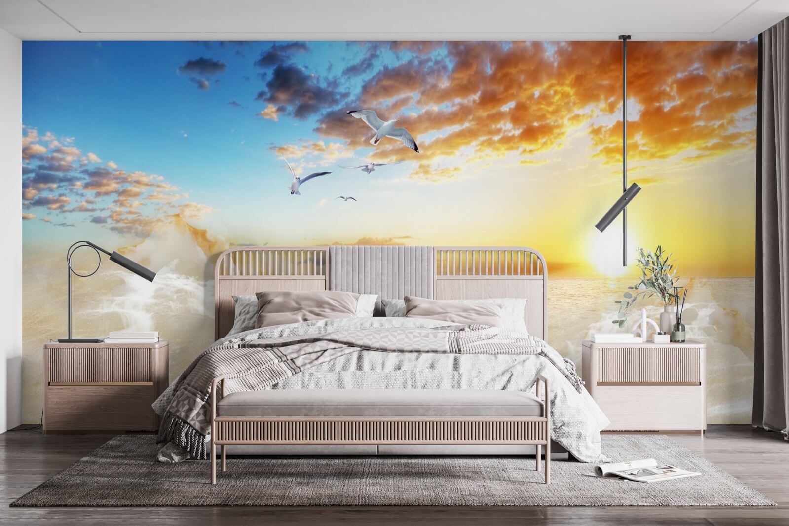 Fototapeta zachód słońca nad morzem z mewami