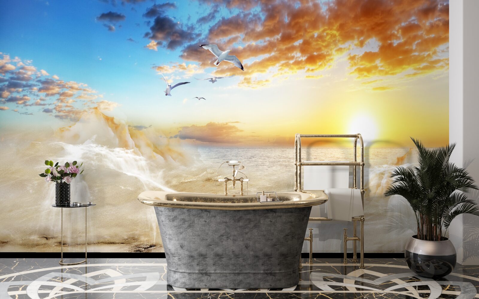 Fototapeta zachód słońca nad morzem z mewami