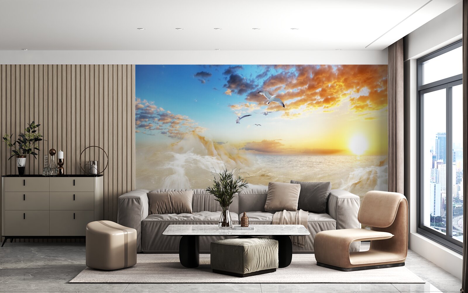 Fototapeta zachód słońca nad morzem z mewami