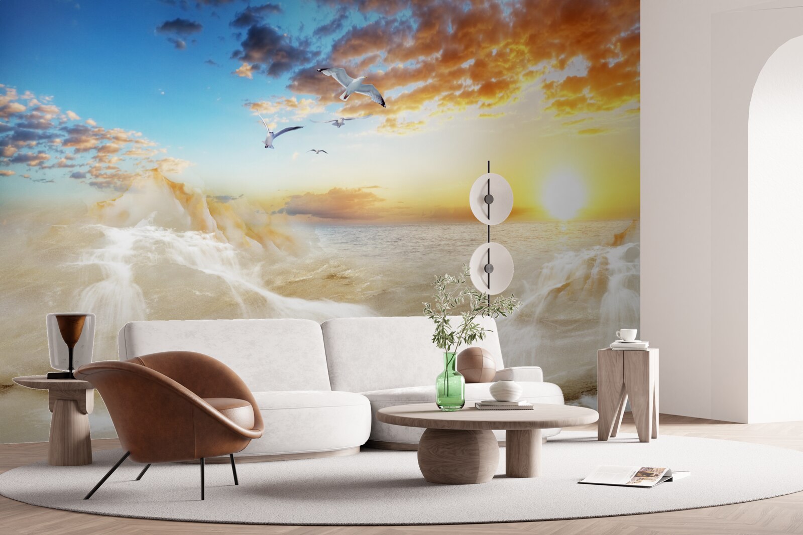 Fototapeta zachód słońca nad morzem z mewami