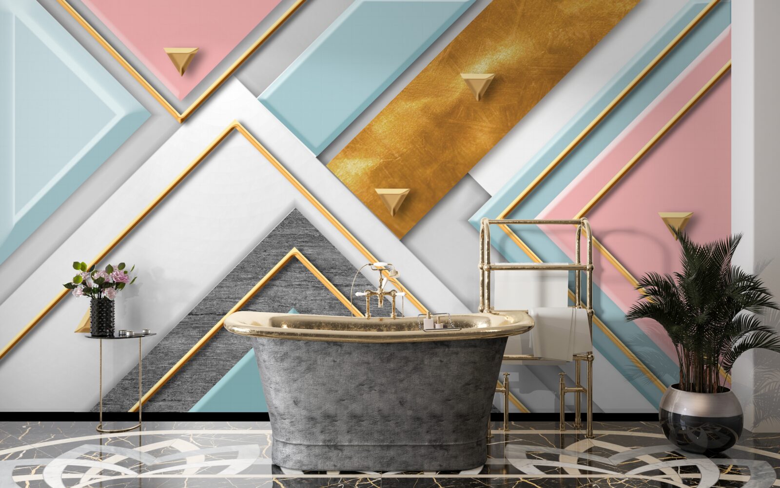 Fototapeta delikatna różowa mozaika ozdobiona złotem