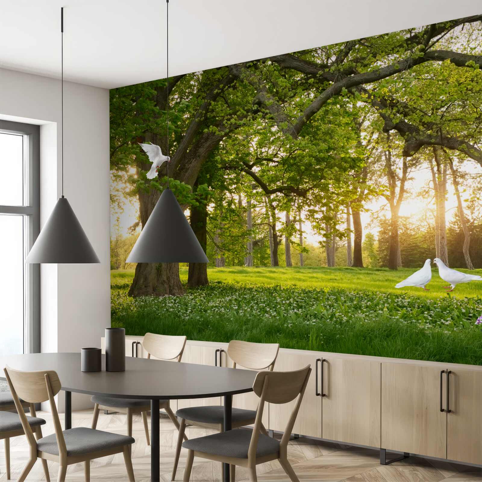 Fototapeta gołębie lśnią swoją bielą o świcie w zielonym lesie