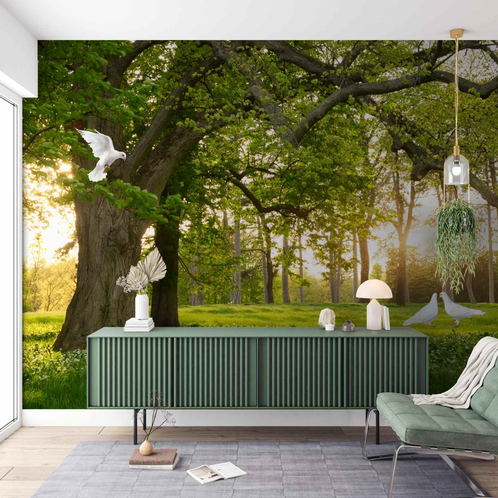 Fototapeta gołębie lśnią swoją bielą o świcie w zielonym lesie