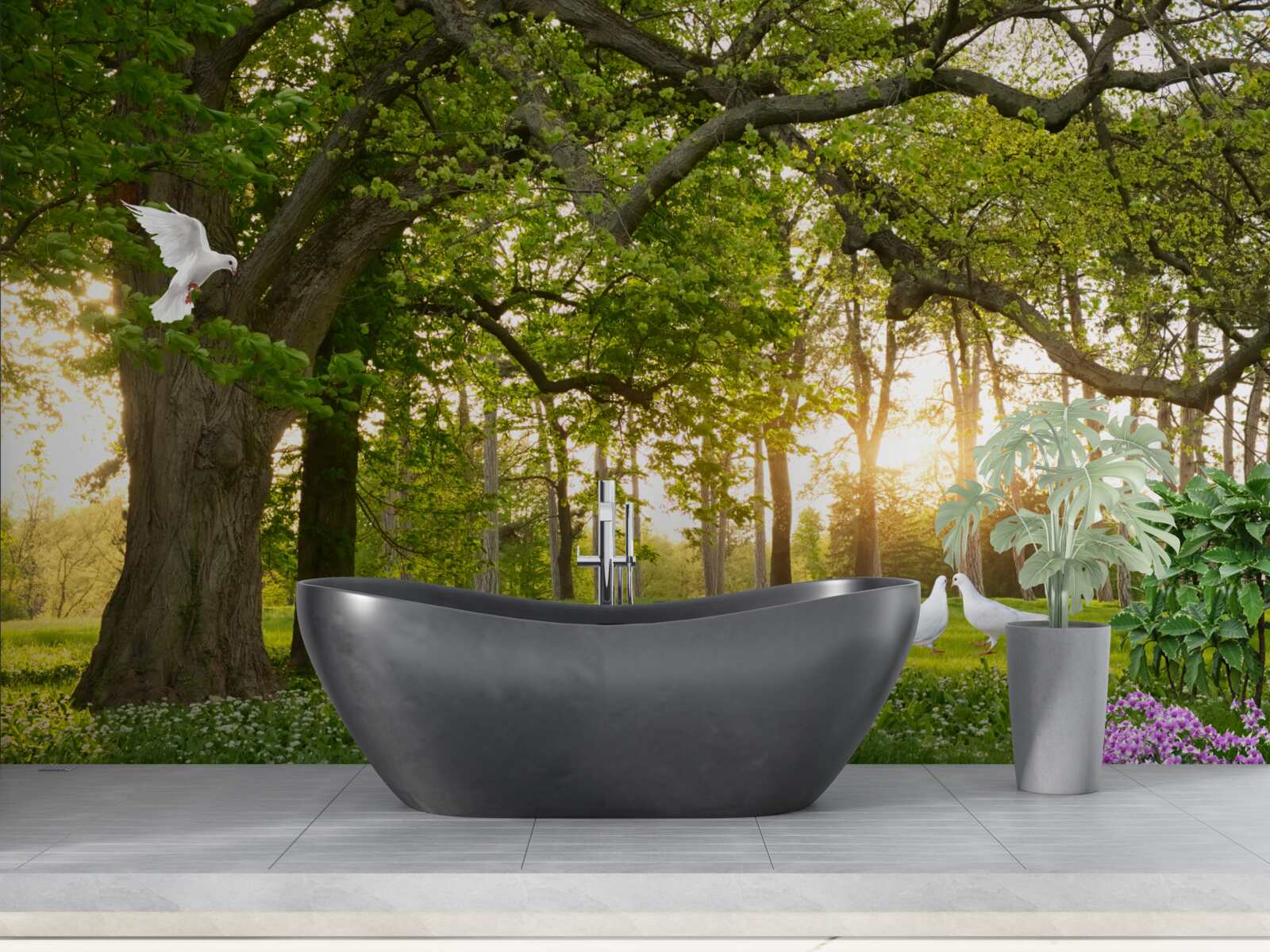 Fototapeta gołębie lśnią swoją bielą o świcie w zielonym lesie