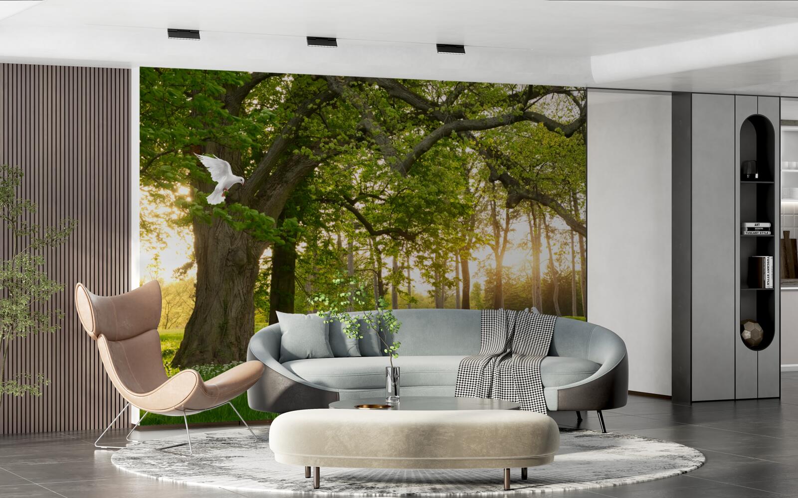 Fototapeta gołębie lśnią swoją bielą o świcie w zielonym lesie