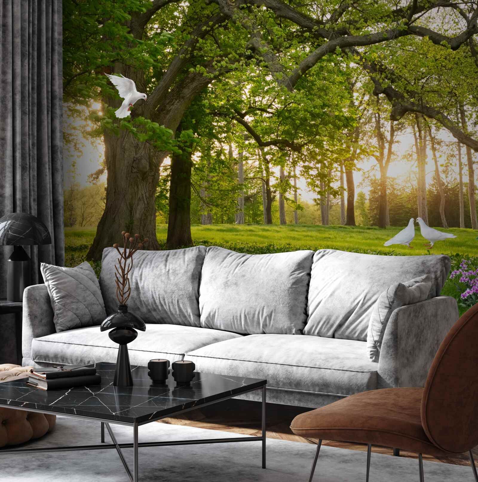 Fototapeta gołębie lśnią swoją bielą o świcie w zielonym lesie