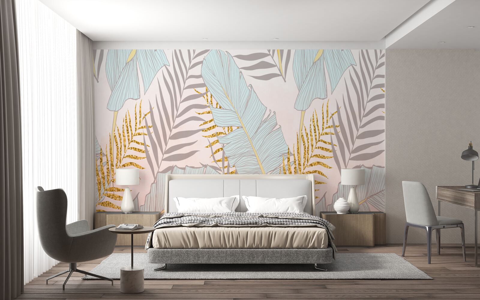 Fototapeta liście bananów i złota paproć