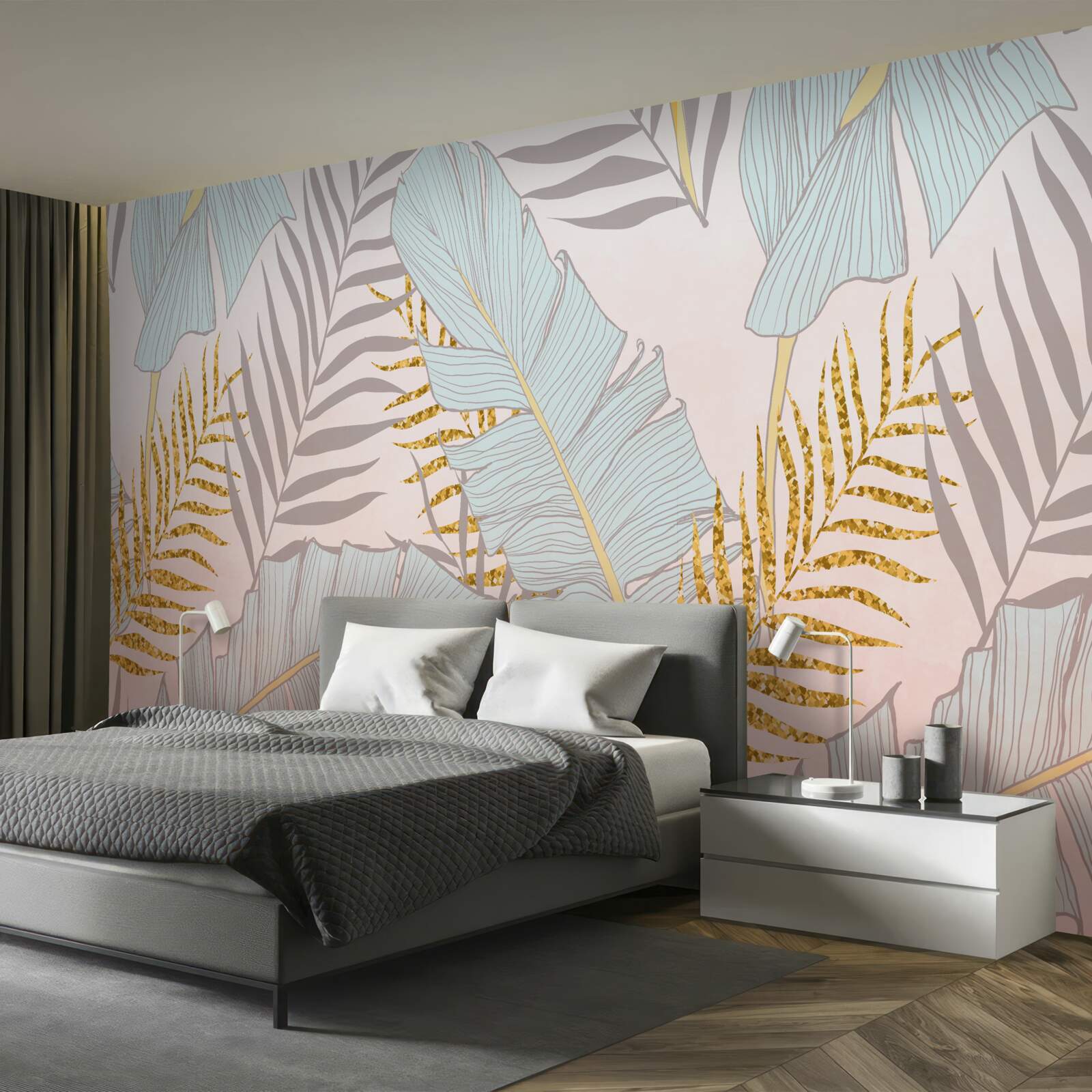 Fototapeta liście bananów i złota paproć