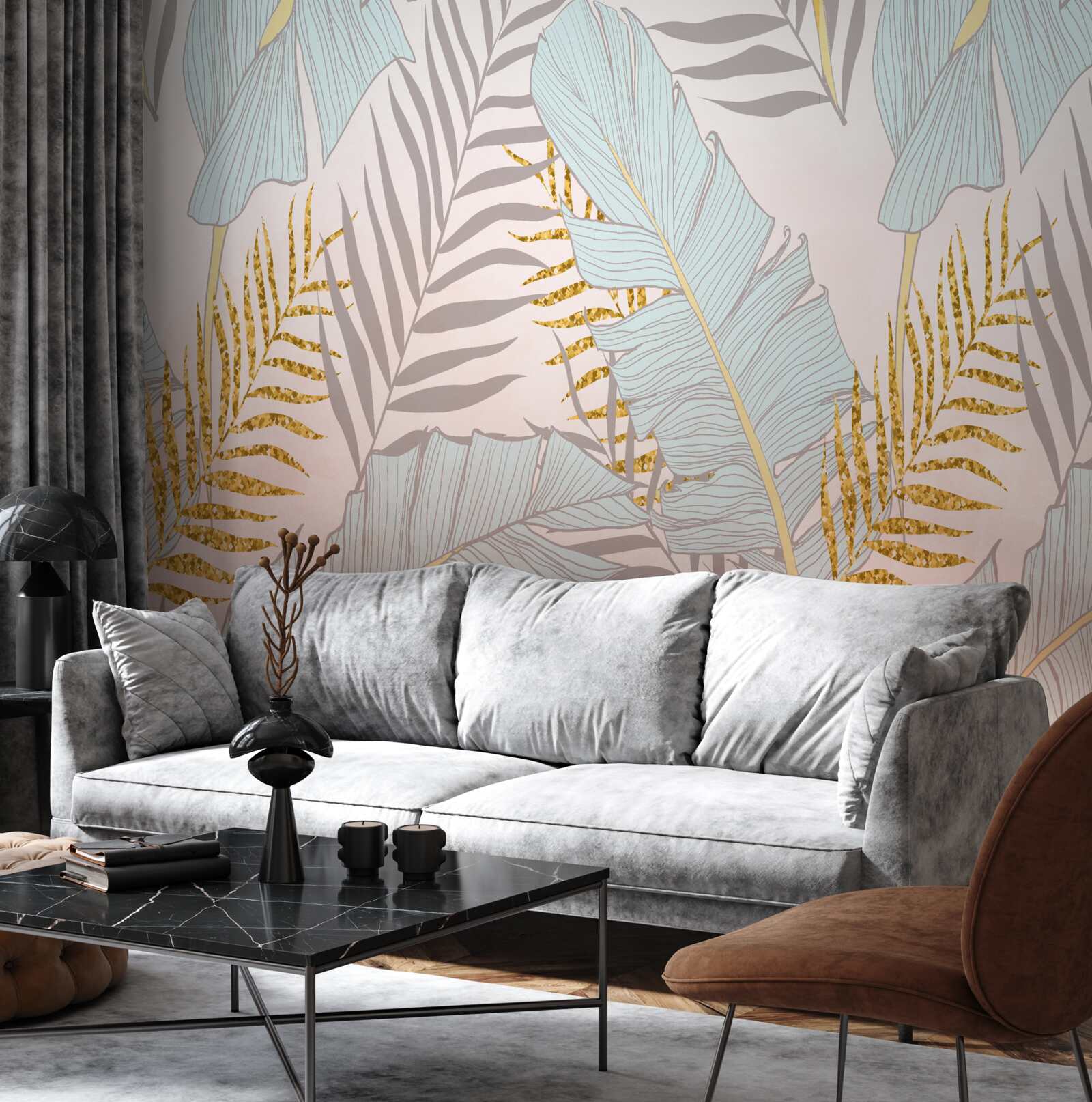 Fototapeta liście bananów i złota paproć