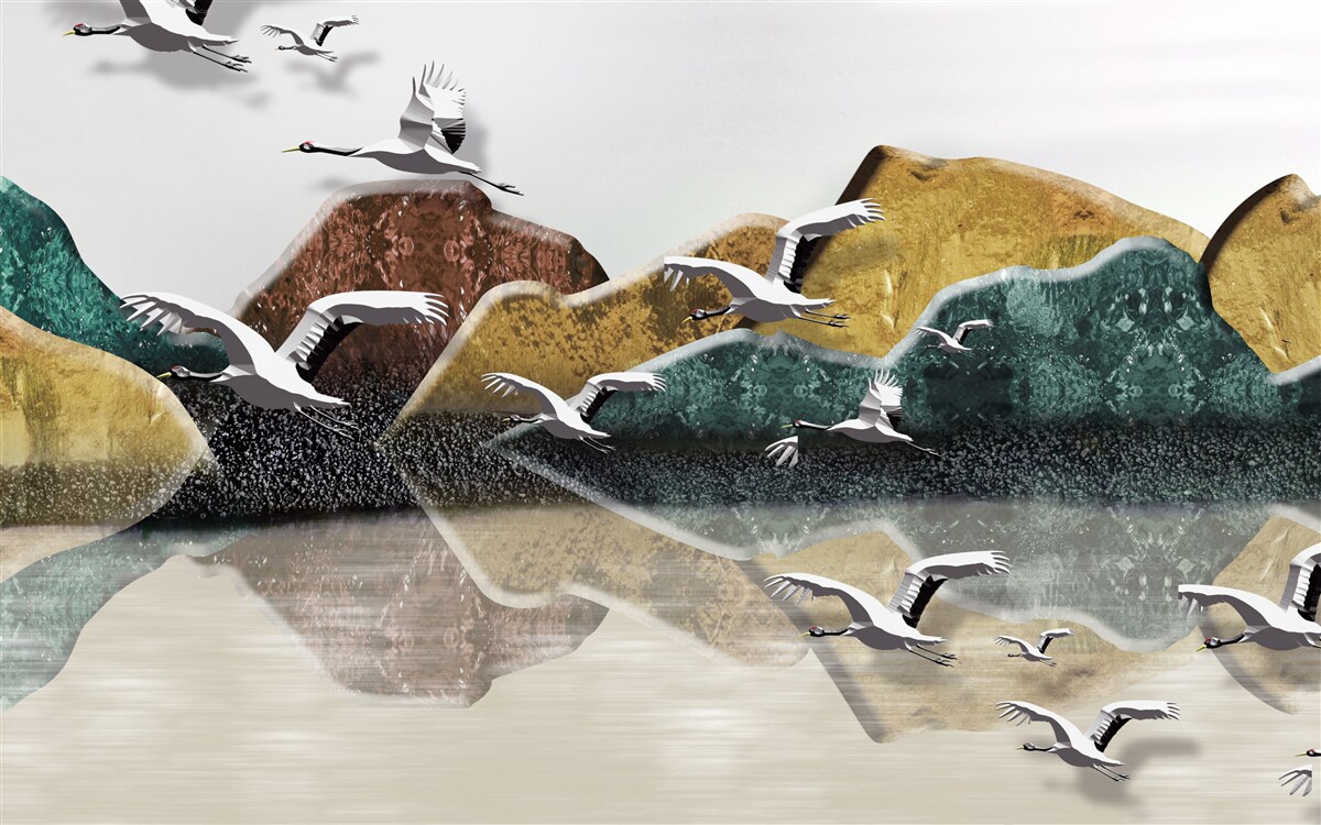 Fototapeta spokojne jezioro w górach i ptakach